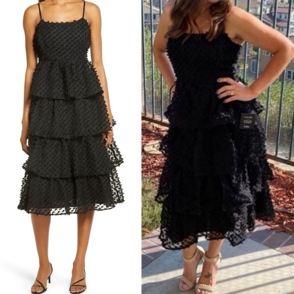 ❤️ Lulus Flirting with You Black Tiered Pom Pom Midi Dress - Picture 11 of 17